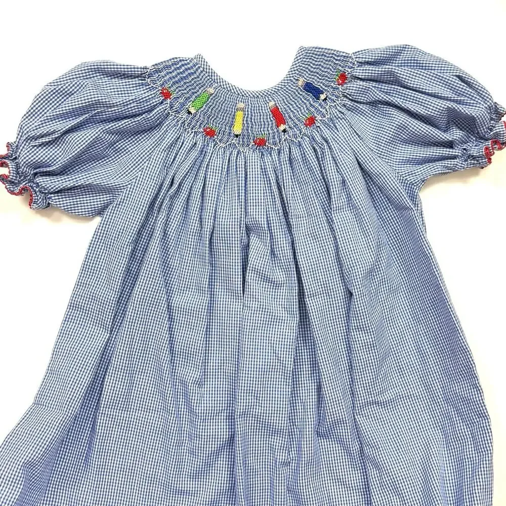 Blue Gingham Smocked Puff-Sleeve Kids Dress